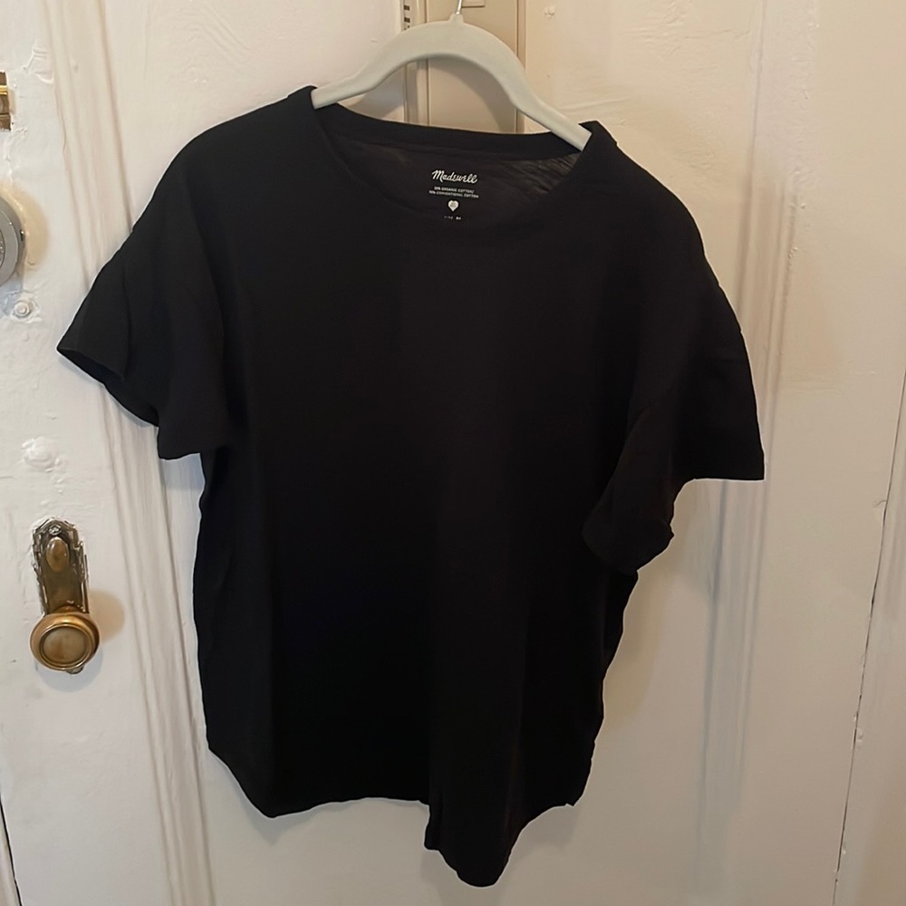 Black basic T-shirt size Medium. 50% organic cotton/50% conventional cotton